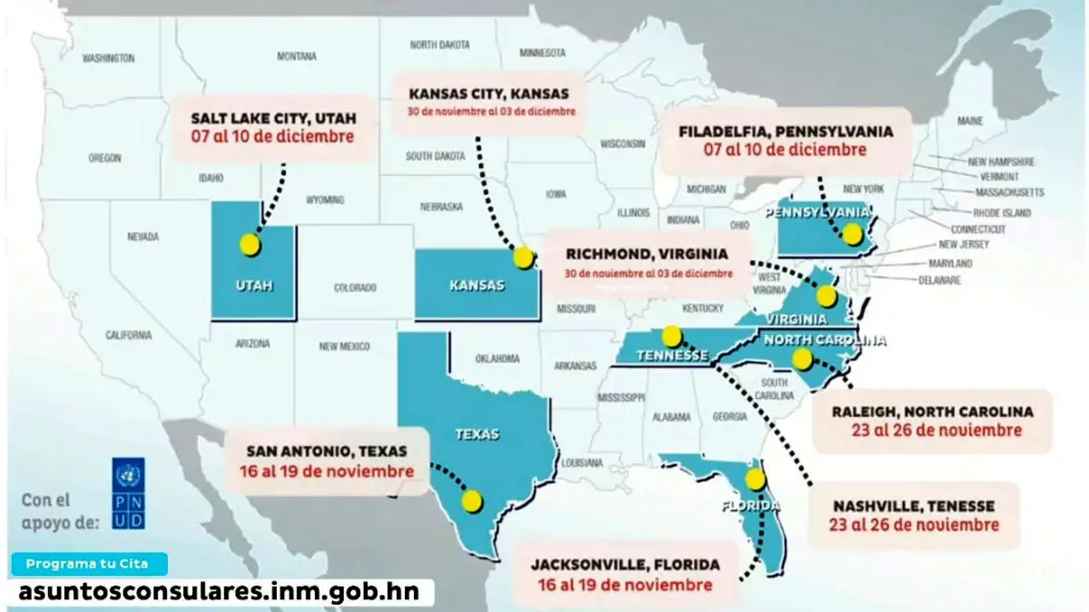 Ciudades donde estarán los Consulados Móviles para atender a los hondureños